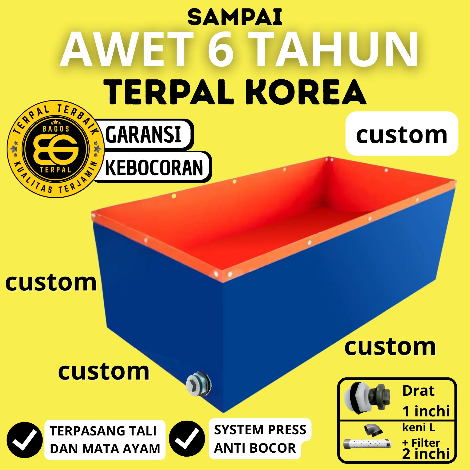 Terpal Kolam Ikan A5 1x2x50 / 2x1x50 / 1x3x50 / 2x3x50 Bahan A5 Korea Untuk Budidaya Ikan Lele, Nila, Gurame, Belut, Cupang, Udang