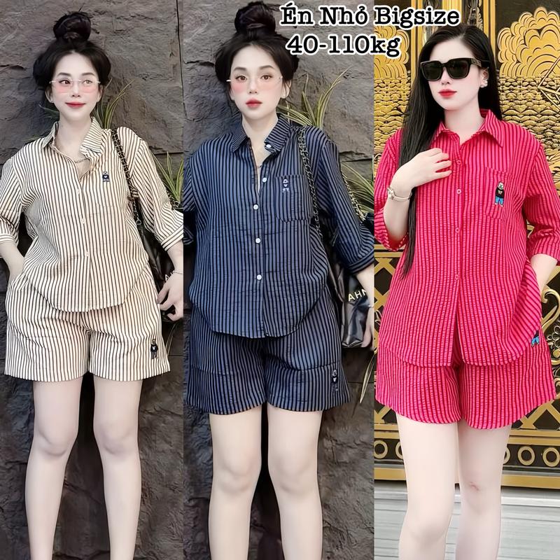 Thời Trang Bigsize - Set Bộ Đồ Bigsize Đùi Tay Lửng Vải Sọc Hot Trend 2025 Form Rộng Thêu Gấu Che Giấu Bụng Hot Hit Cổ Sơ Mi Nữ Chuppy Cao Cấp Thoải Mái Mặc Nhà Đi Chơi Đều Xinh Đẹp Sang Trọng Dễ Thương Che Dáng Cục Đỉnh Cho Nàng Mũm Mĩm 40-110kg 2549