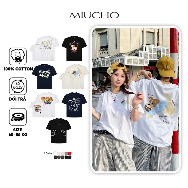 Áo thun boxy hoạt hình Miucho BST cổ tròn chất vải cotton 2 chiều cao cấp dày dặn in mix
