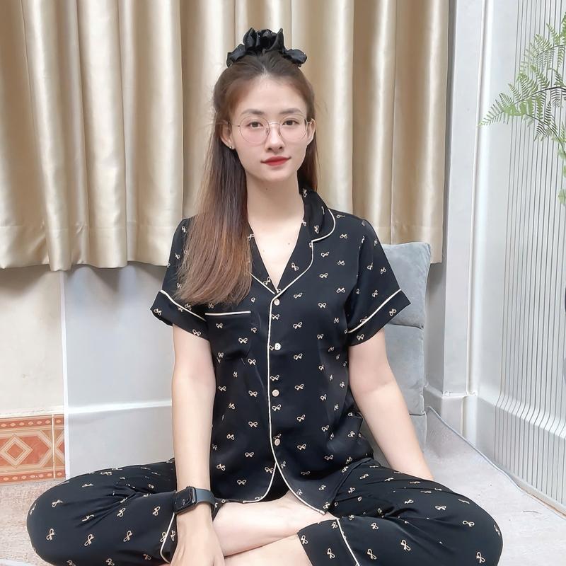 Đồ Bộ Pyjama Viền Lé Tay Ngắn Quần Dài Lụa Mango Cao Cấp Size 48-78kg Sang Trọng Thoải Mái Chất Liệu Mềm Mịn Không Nhăn