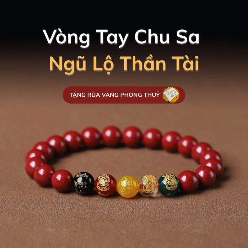 Tặng Rùa Vàng Vòng Tay Chu Sa Ngũ Lộ Thần Tài Size Nam Nữ Kèm Túi Gấm Đựng