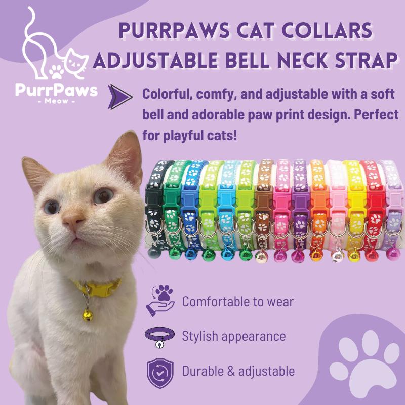 PurrPaws Cat Collars with Paw Prints and Bell Cat Adjustable Neck Strap ...