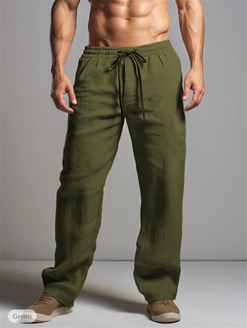 Product Introduction of Men's summer pants, men's thin trousers, solid color drawstring casual loose cotton and linen pants, delicate simple straight pants 8