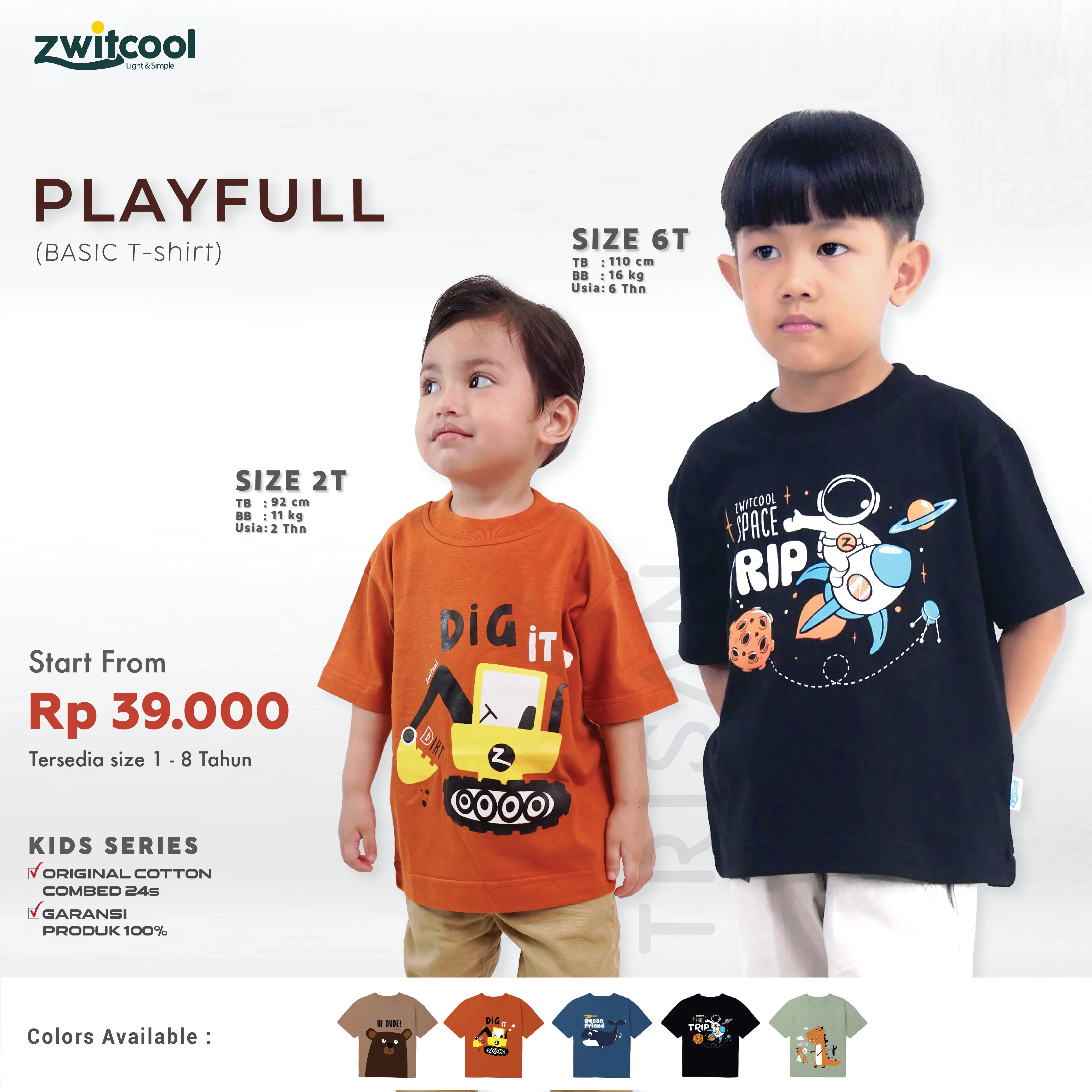 Baju anak laki2 kaos karakter Zwitcool 100℅ katun umur 1-7tahun