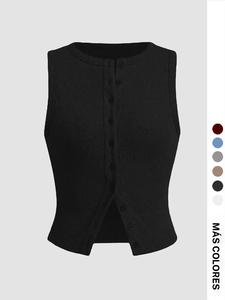 Top corto sin mangas con ribete y botones delanteros para mujer, top informal sin mangas con cuello redondo para el día a día, ropa de mujer para todas las temporadas