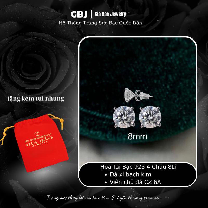 [1 ĐÔI] Hoa Tai Bạc 4 chấu (chốt đẩy) 8Li Thanh Lịch Phong Cách Unisex GBJ029