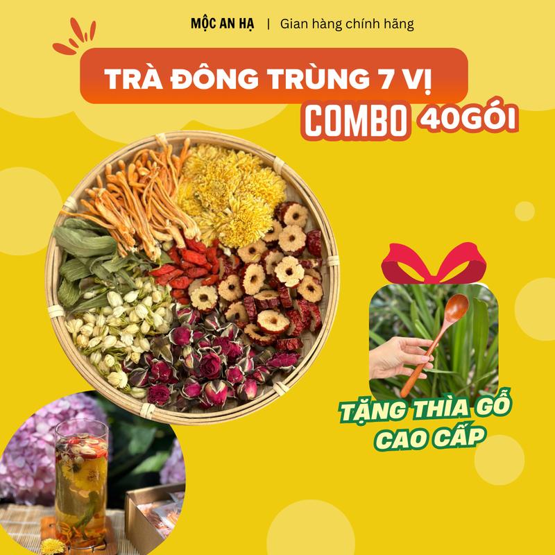 Combo 40 gói trà 7 vị tặng thìa gỗ tự nhiên- Mộc An Hạ - Trà dưỡng nhan đông trùng 7 vị - Thành phần: Nấm đông trùng hạ thảo táo đỏ kỷ tử nụ hồng nụ nhài hoa cúc cỏ ngọt bồi bổ khí huyết Nước Trà Chè Tea Chua Sen Hoa Sen 