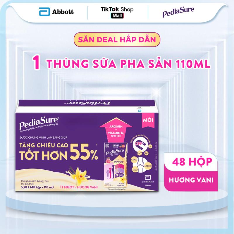 DEAL ECENTRIC Thùng 48 hộp sữa PediaSure pha sẵn chính hãng hương vani ít ngọt 110ml