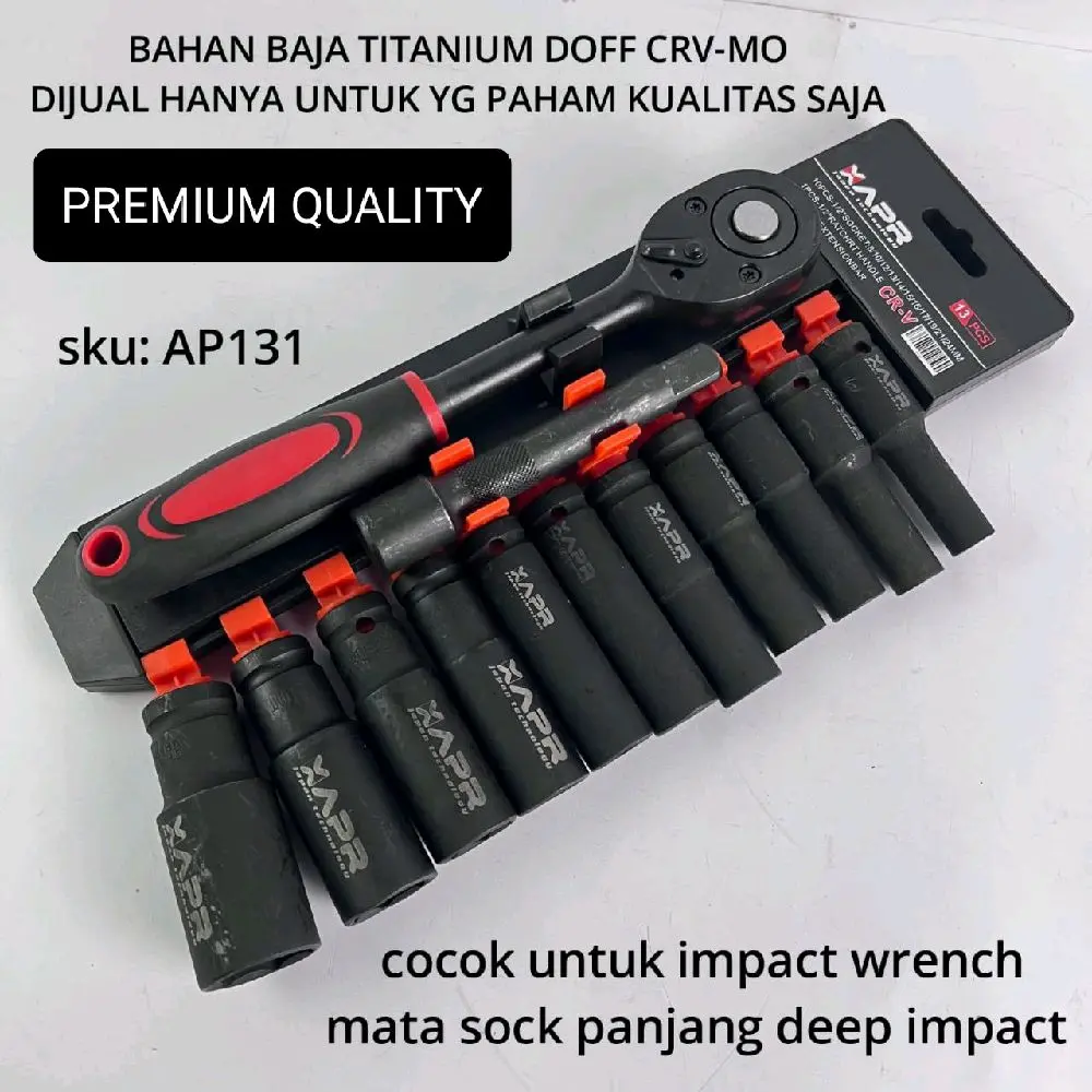 APR Rachet sock 1/2inch deep impact 8mm-24mm panjang doff titanium sok set AP131 KUNCI SOK PANJANG RACHET