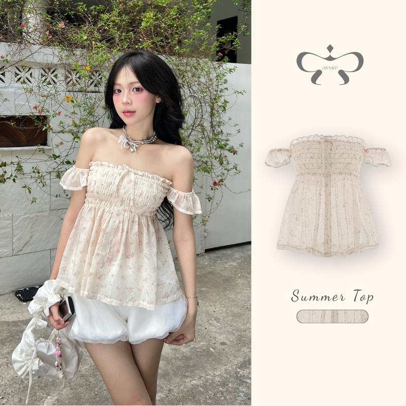  AREUM Áo trễ vai bo chun Summer Top xuyên thấu hoạ tiết hoa nhí 