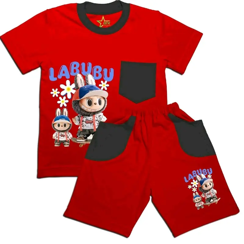 Stelan kaos anak karakter lucu Labubu skateboard berbahan lembut usia 2-8th Fashion Celana Set 1