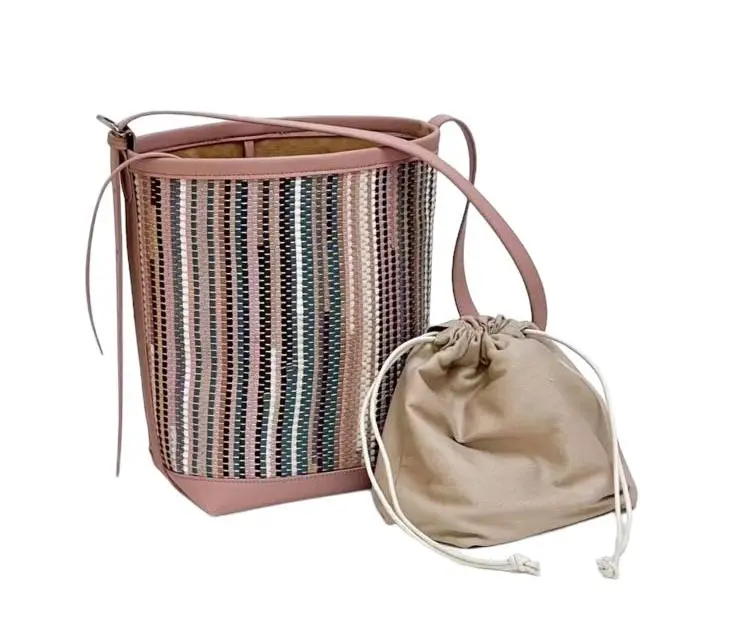 COLOURFUL PINK TONE STRAW BUCKET BAG