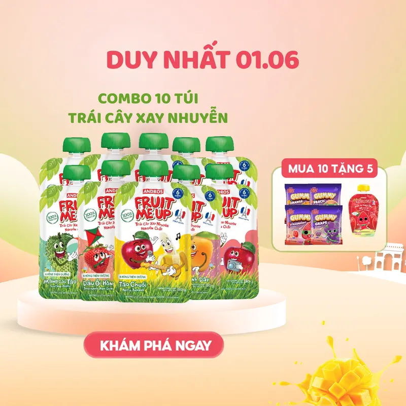 Combo 10 Túi Trái Cây Xay Nhuyễn -  Bữa Phụ Trái Cây Nghiền Nhuyễn Mịn - ANDROS FRUIT ME UP - 90gx10 0