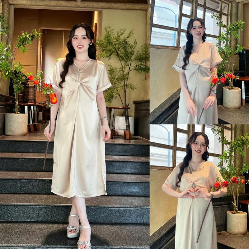 Đầm bầu LORI lụa sáng suông xoắn ngực tạo cảm giác sang trọng nhẹ nhàng thoải mái cho các MOM trong các bữa tiệc dạo phố Cafe