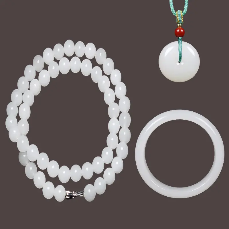 Jade Lady "Golden Jade Splendor" Golden Silk Jade Bangle + Ping An Button + Mother's Necklace Set