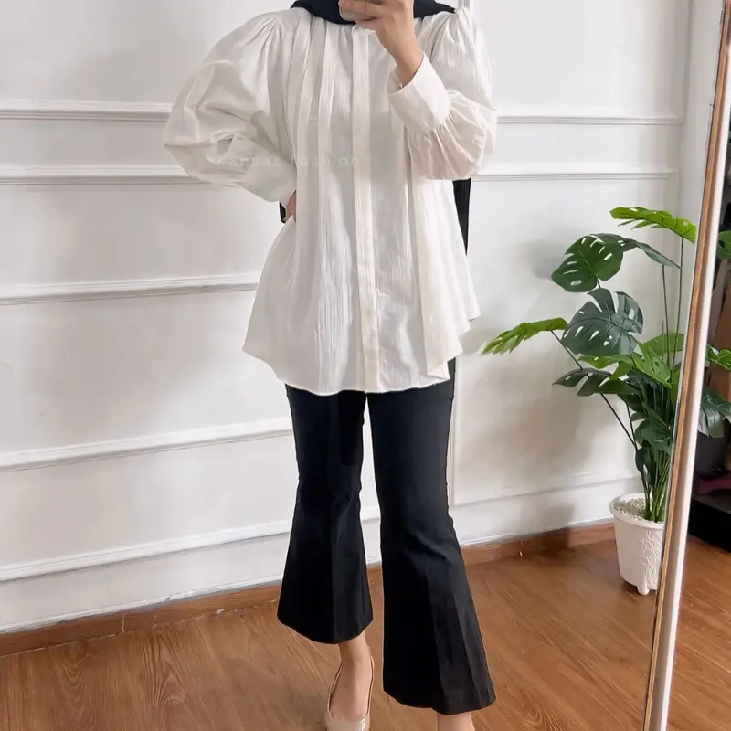 Amera Blouse Kemeja wanita Bahan Polo Linen Casual Lengan Panjang Polos 4