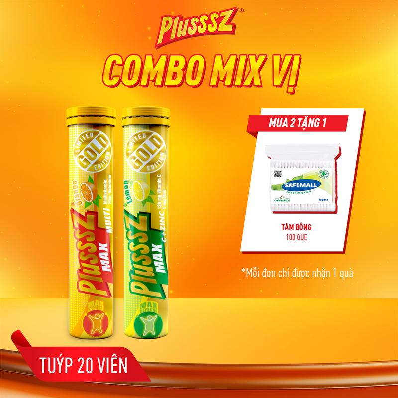  Plusssz Combo Mix Vị - Viên Sủi Plusssz Max Multivitamin Vị Cam & Plusssz Max Vitamin C & Zinc Vị Chanh Không Đường - Tuýp 20 Viên - Hỗ Trợ Đề Kháng 