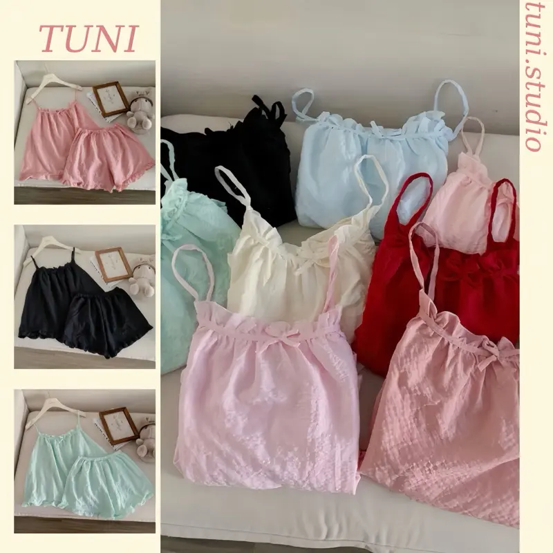 Đồ Bộ Ngủ Nữ Tuni.studio Set 2 Dây Quần Đùi Mặc Nhà Chất Đũi Xốp Trơn Mềm Mịn HDDX01
