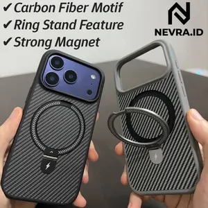 NEVRA Carbon Fiber MagSafe Ring Stand Case - Casing Holder Ring Magnetic Motif Karbon Anti Slip IPHONE 11 12 13 14 15 16 17 AIR PRO MAX