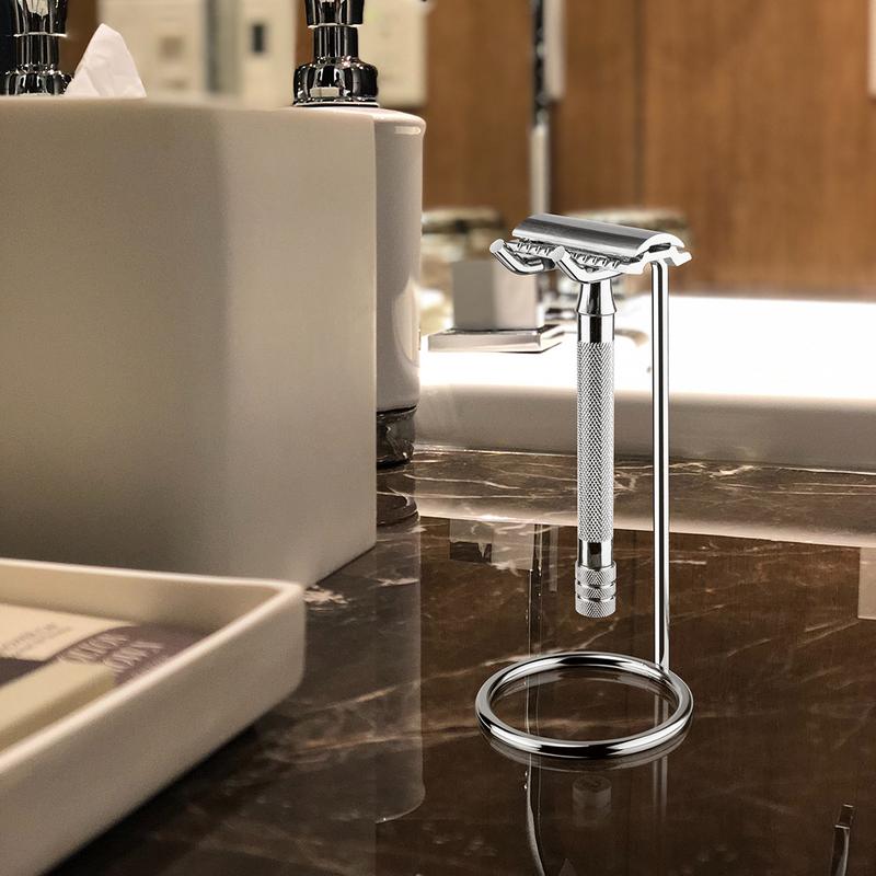 Product Introduction of Stainless Steel Safety Razor Stand, Shaving Razor Holder, Deluxe Men's Travel Shaver Stand, Compatible with Long Handle Safety Razor, Fusion 5, ProShield, Mach 3 (Silver/Polished Chrome) 12