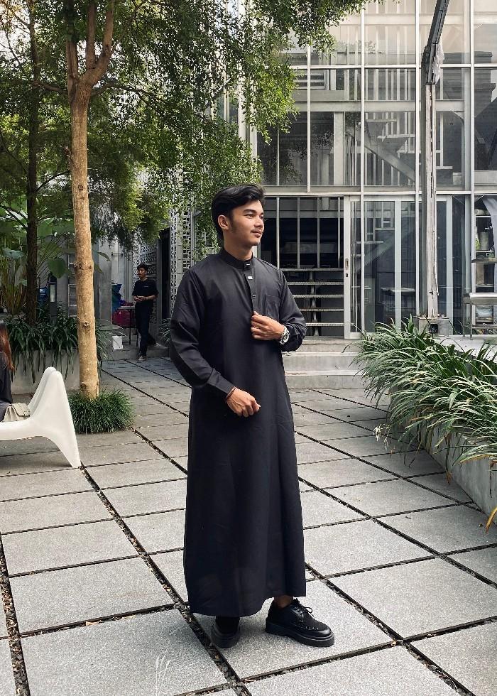 Product Introduction of Gamis Pria Jubah Dewasa Warna Polos Lengan Manset Kancing Snap Panjang Muslim Hitam Putih Katun cowok 95