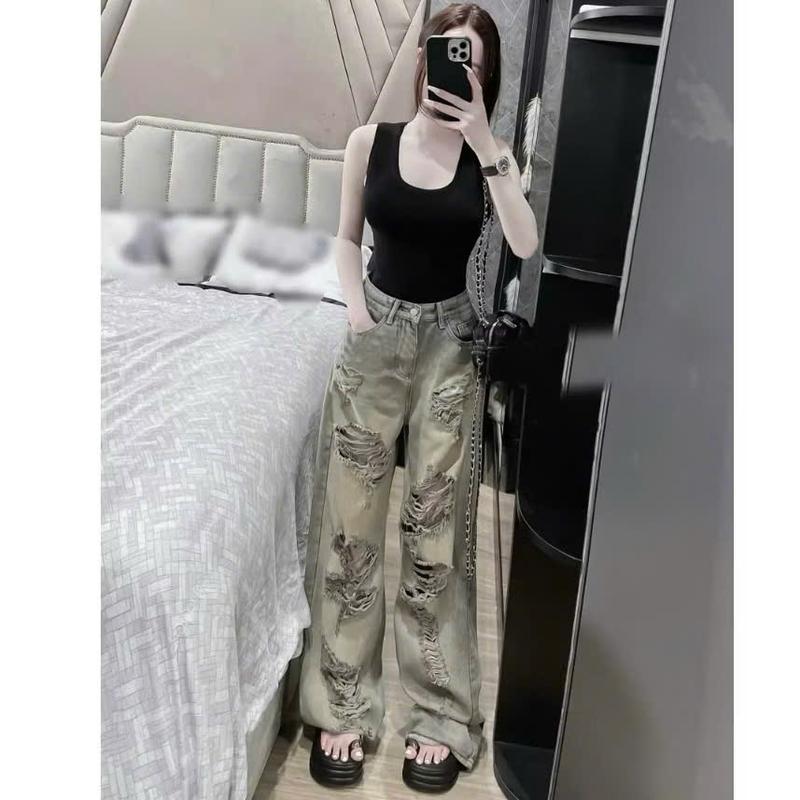 Quần baggy Jean nữ ống rộng lưng cao rách kiểu trước sau - jean nữ ống suông màu xanh bụi nhẹ chất jean mềm TH5817