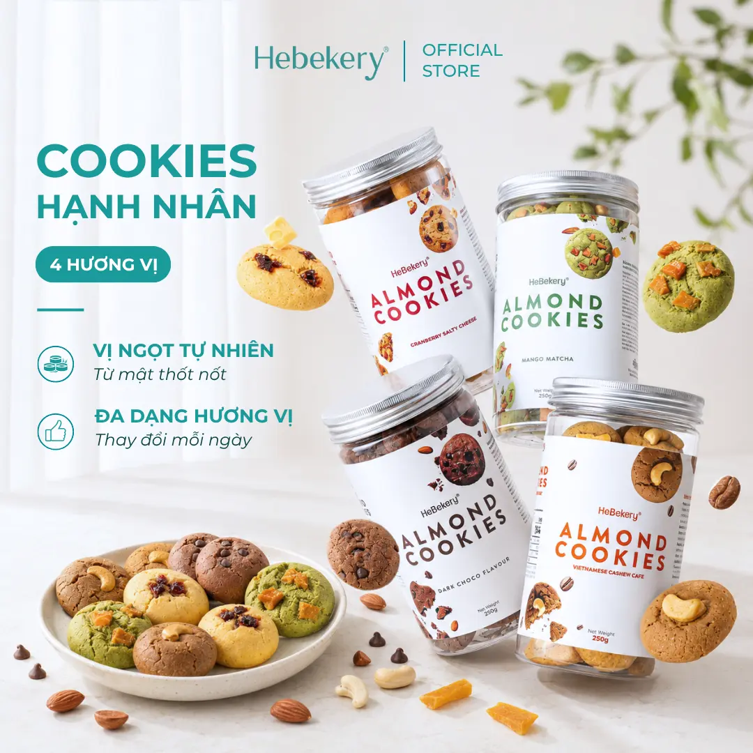 Cookies Hạnh Nhân Nguyên Cám 4 Vị Dark Choco - Mango Matcha - Cranberry Salty Cheese, Cashew Cafe - Thành Phần BỘT MÌ NGUYÊN CÁM, Vị Ngọt Thanh Dịu Từ MẬT THỐT NỐT - Snack Ăn Vặt Healthy Dinh Dưỡng