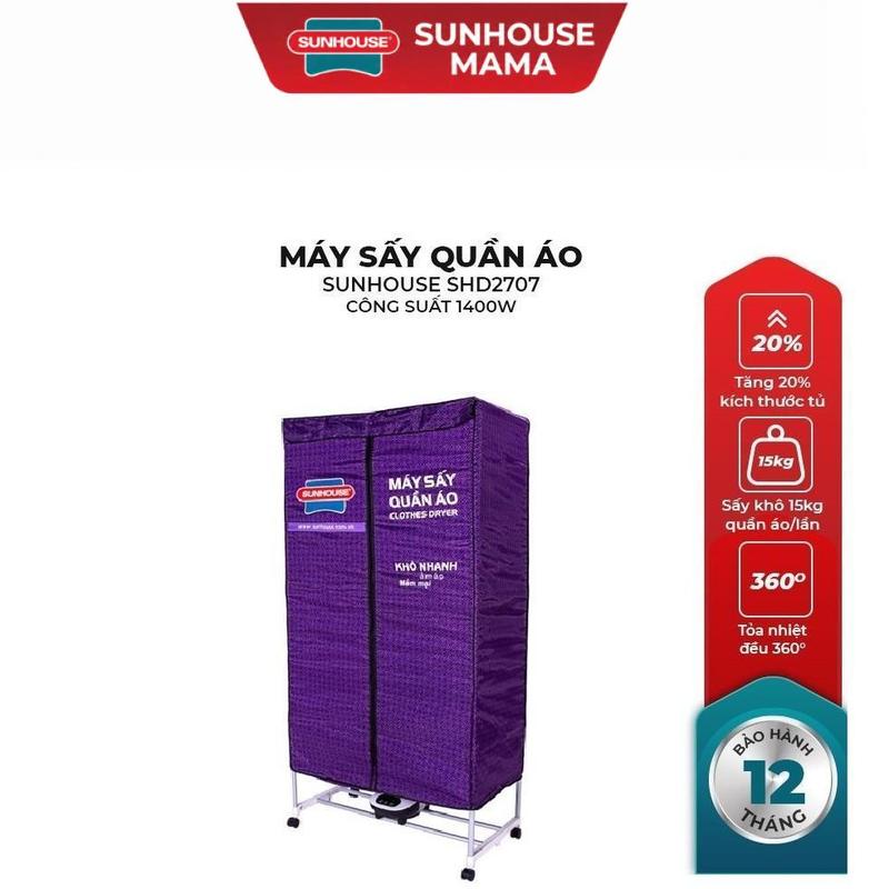 Tủ sấy quần áo sunhouse shd2707 sấy 20kg - Khử khuẩn - Sấy khô, Sấy nhanh trong vòng 1 giờ, sấy quần áo lên tới 15kg/lần