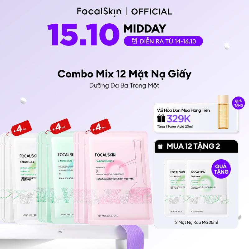【COMBO 12 MIẾNG FOCALSKIN Mặt nạ Rau má Hàn Quốc 4 miếng + Mặt nạ BrightBalance 4 miếng + Mặt nạ Tràm trà Úc 4 miếng giúp cấp ẩm dịu da mềm mịn 25ml | Làm Đẹp Da Nữ Skincare Dưỡng Ẩm Da Cosmetics Đắp Mặt