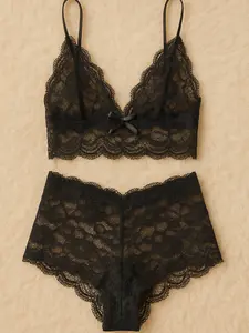 [ Happy Girl Shop ] Setelan Lingerie Desain Set Bra + Short Pants Transparan Gaya Eropa Modern Wanita Sexy Gairah Godaan With Corak Flower Romantic High Waist Bawahan Top Seller Colour Variasi Sweet Sifon Lace Good Quality FLORAL