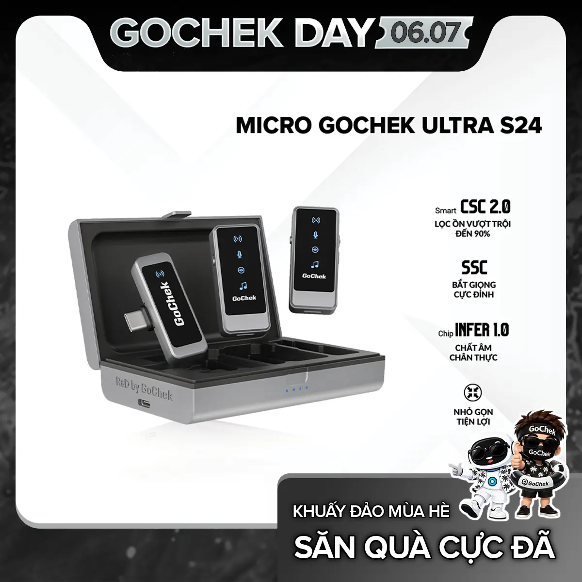 Micro thu âm không dây GoChek,Tích hợp 2 chân cắm khi live/quay video/ghi âm cho điện thoại/ ipad/ máy tính GC ULTRA S24 mic  vlogs