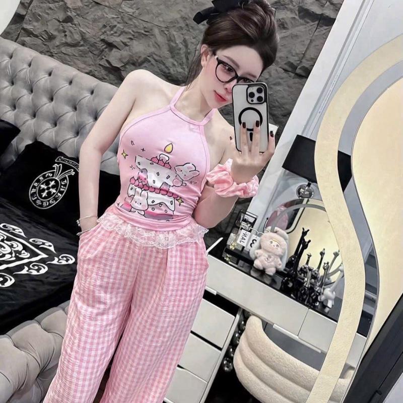 Set áo yếm hồng mix quần caro cạp ren siêu xinh 0