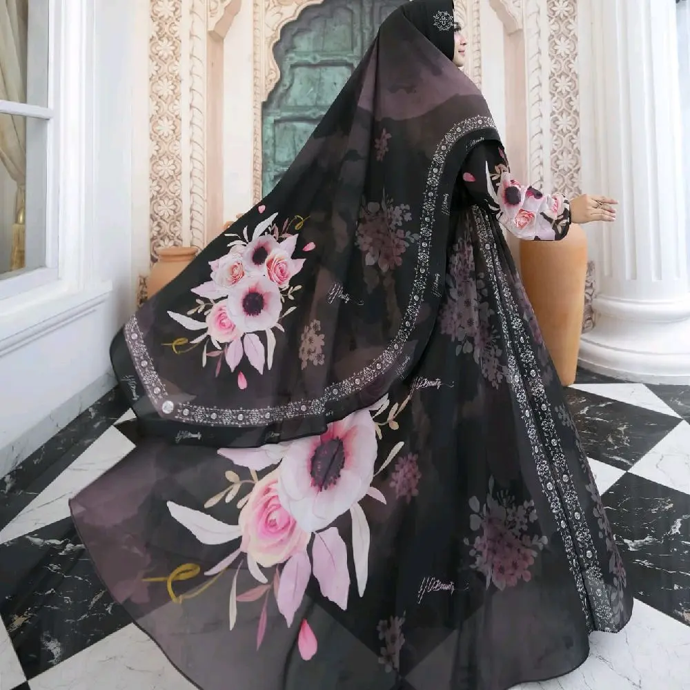 Mecca Gamis Muslim Wanita Pesta Syari Motif Gamis  Bunga Printing Mewah