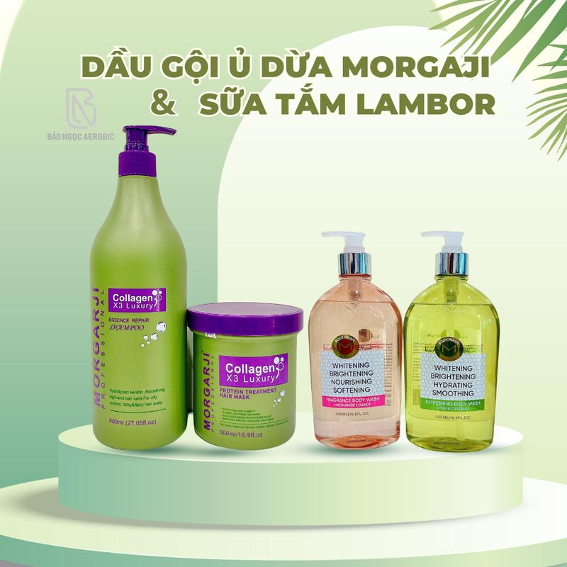 COMBO - DẦU GỘI + HŨ KEM Ủ TÓC DỪA MORGAJI COLLAGEN + CẶP SỮA TẮM LAMBOR 500ML