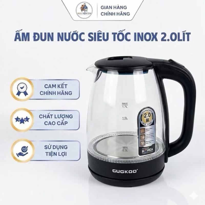 Ấm Đun Nước Siêu Tốc Thủy Tinh 2Lít Bình Đun Nước Trong Suốt Pha Trà Tự Ngắt Khi Sôi Chất Lượng Cao Cấp