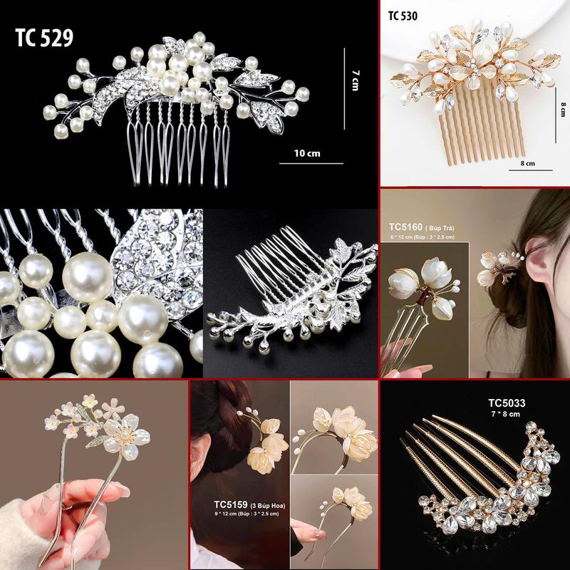  GOTI – Trâm Cài Tóc Kiểu Lược Cài Hình Hoa Vàng-Trắng Đính Đá Và Hạt Sang Trọng Quà Tặng Nữ 20 10 8 3 TC530 TC531 