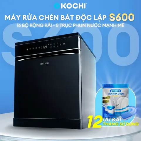Máy rửa chén độc lập KOCHI S600 - 16 bộ - 5 trục phun nước nóng 360° áp suất cao - Sấy khô PTC - Lưu trữ đối lưu - Máy rửa bát