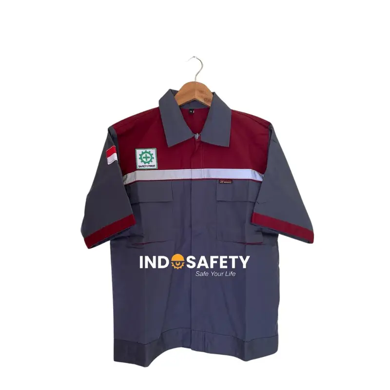 COD I ATASAN Baju  WEARPACK SAFETY MODEL STANDAR LENGAN PENDEK KOMBINASI ABU MAROON Kerja 1