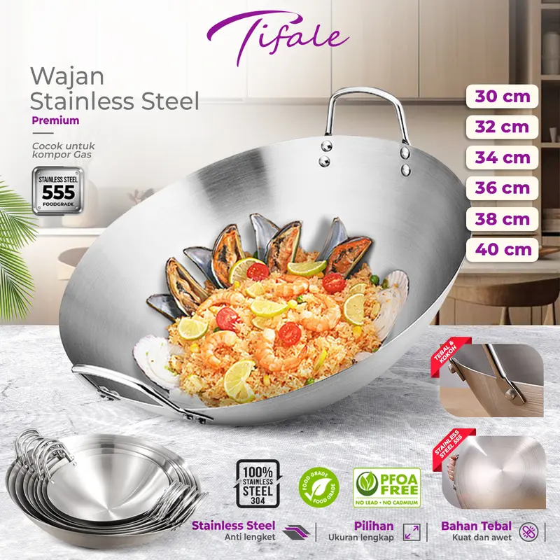 [BELI LOKAL] Tifale Wajan Stainless Tebal 6 Ukuran Dengan Pegangan Stainless Premium Quality Masak Nasi Penggorengan Steel Kitchenware 0