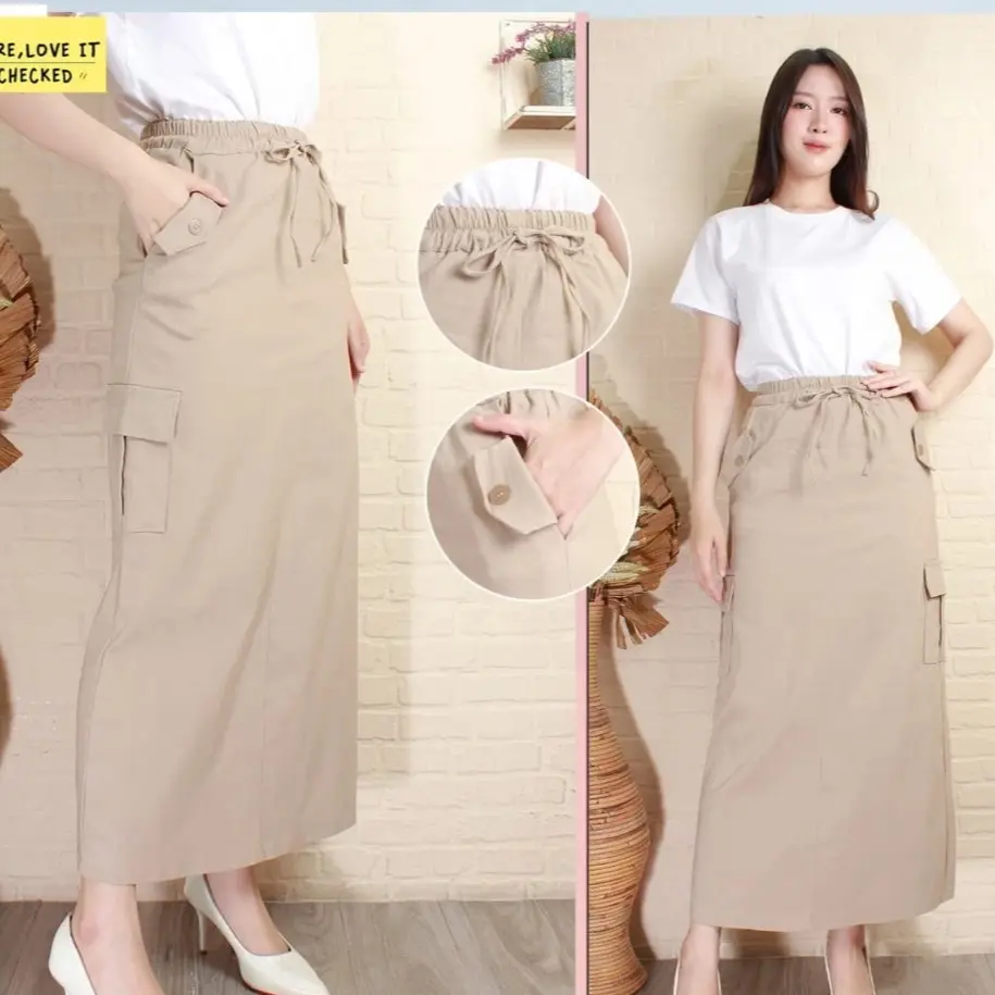 Rok Cargo Wanita Panjang/ Cargo Skirt Wanita Korean Style/ Rok Cargo Wanita Melar Stretch Kain