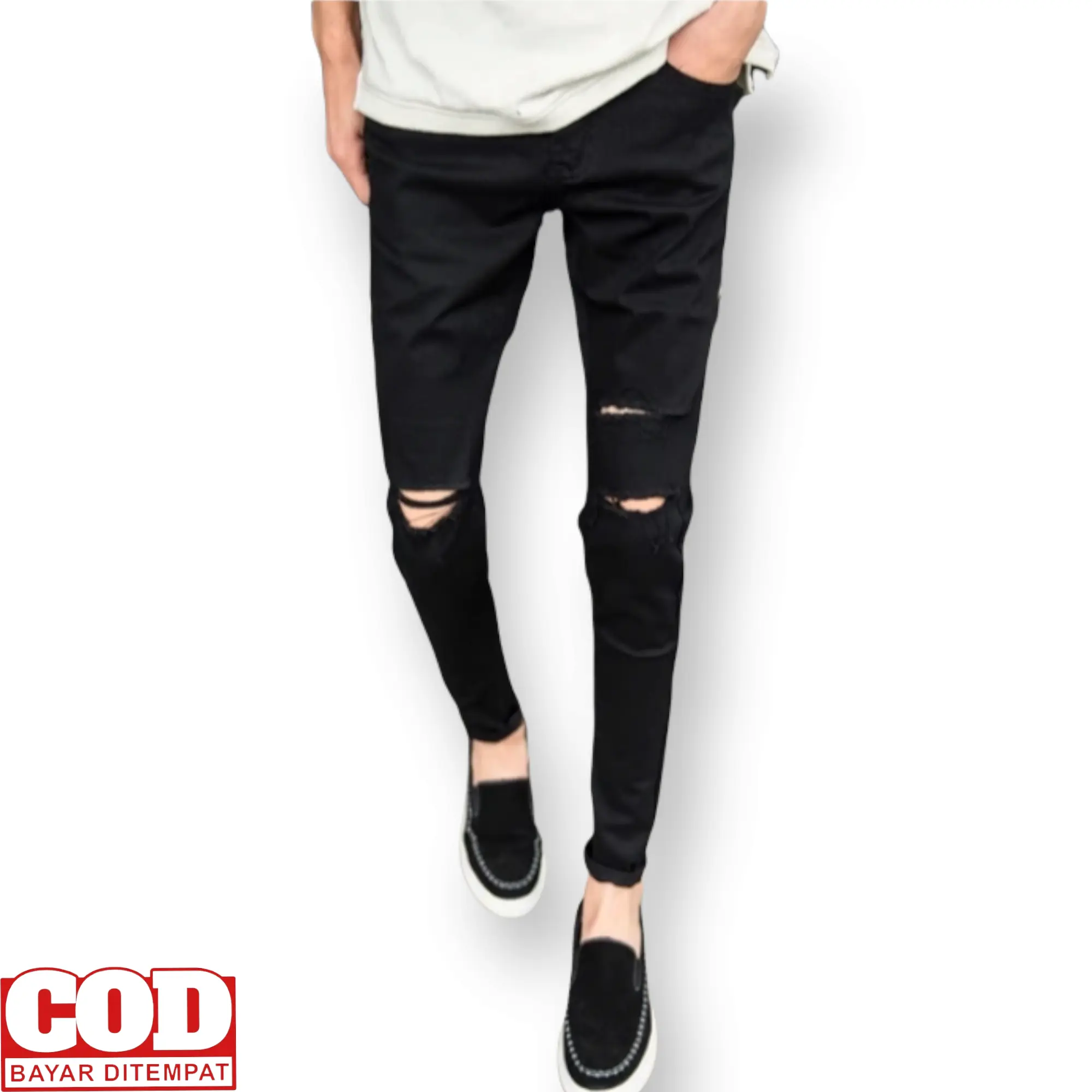 Celana jeans sobek lutut pria celana panjang hitam pria slimfit best seller Slim-fitting Lembut Ripped