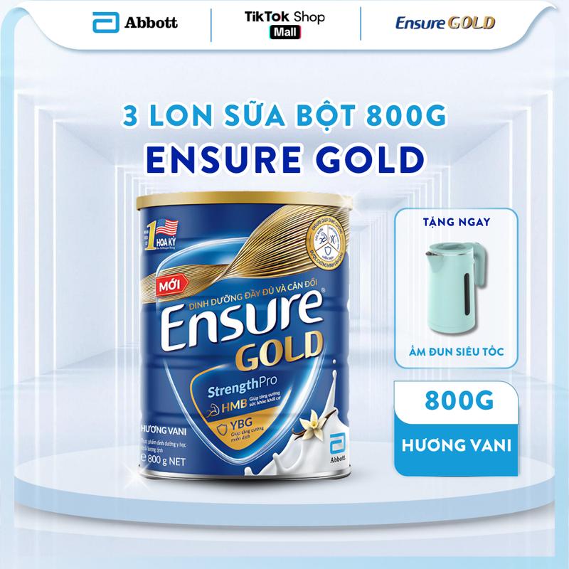  TẶNG ẤM ĐUN NƯỚC MÀU XANH ENSURE  COMBO 3 LON SỮA ENSURE GOLD DẠNG BỘT HƯƠNG VANI 800G 