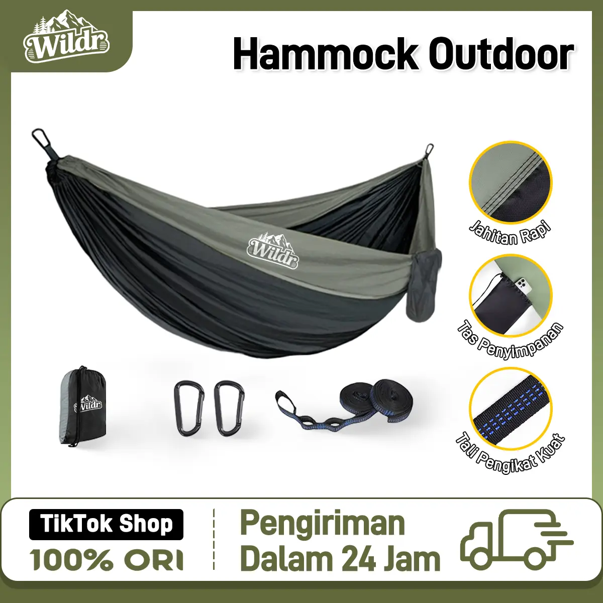 Wildr Hammock Gantung Outdoor Single / Tempat Tidur Gantung - Bahan Parasut Lembut & Kuat Tahan 200kg, Ringan, Portable. Cocok untuk Camping, Hiking, Backyard,Gratis Tas