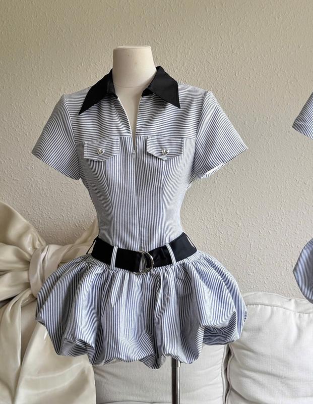  Váy Kẻ Cổ Sơ Mi Dáng Bí Phồng Kèm Đai Thắt Eo Top Nữ Women 
