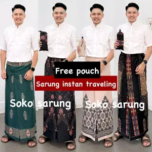 Sarung Instan Dewasa Travel Pria Muslim Nyaman Motif Hitam Bahan Katun Polimicro Premium Full dapat Karet Pouch Travel Desain Modern Nyaman
