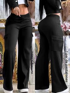 Pantalones cargo de pierna ancha en color sólido para mujer, estilo casual ajustado, cómodos para trabajo, cintura elástica, bolsillos, primavera y otoño