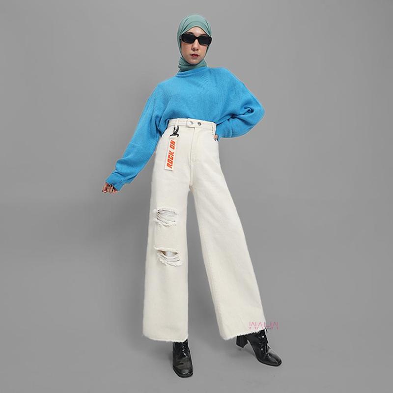 WAUW - ROCK ON Kulot Ripped Jeans Highwaist - Cream 2234 2