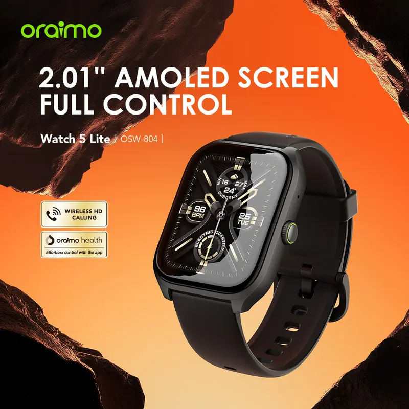 oraimo Watch 5 Lite Smartwatch [OSW-804] Layar 2.01'' Bluetooth Tahan Lama Tahan Air Debu Layar Monitor Amoled 100+ Mode Olahraga Large Screen Wireless Call Long Battery Life IP68 Waterproof asdf 1