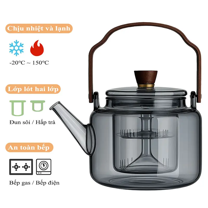 Ấm Trà Thủy Tinh 1.2L Chịu Nhiệt – 2 Lõi Lọc, Dùng Được Trên Bếp, Ấm Đun Trà Màu Xám Trong, Ấm Pha Trà Suốt Pha Trà Hoa, Trà Xanh, Trà Đen