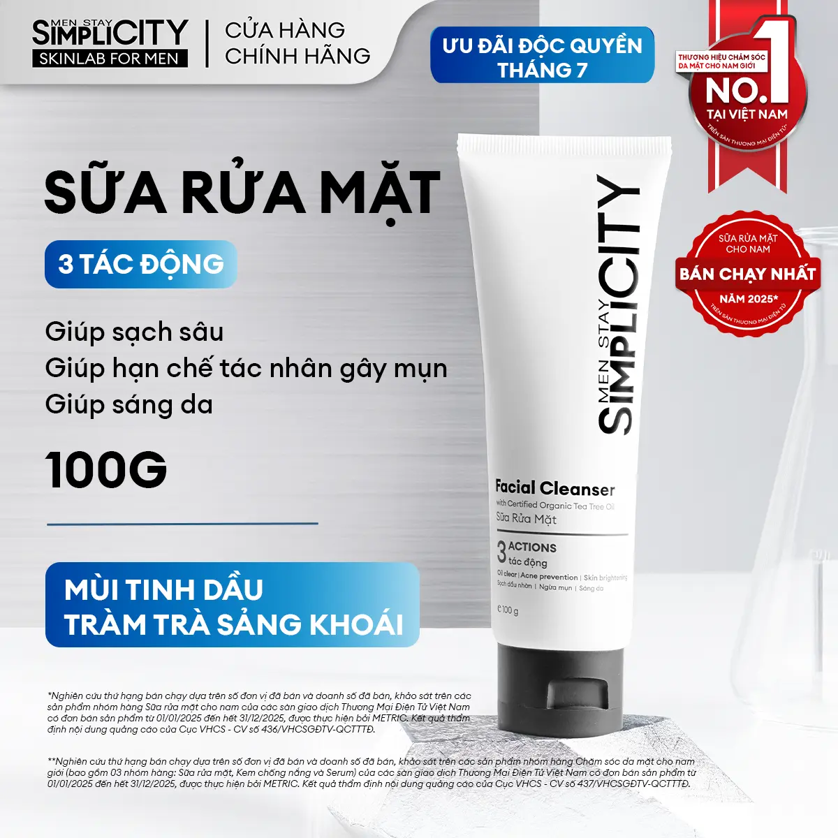 Sữa rửa mặt nam Men Stay Simplicity Facial Cleanser 3 tác động giúp làm sạch sâu bụi bẩn và dầu nhờn, hạn chế các tác nhân gây mụn, giảm bã nhờn hiệu quả 100g